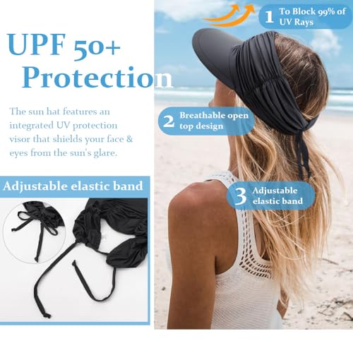 Women Visor Sun Hat - Black, Foldable Wide Brim UPF 50+ UV Protection