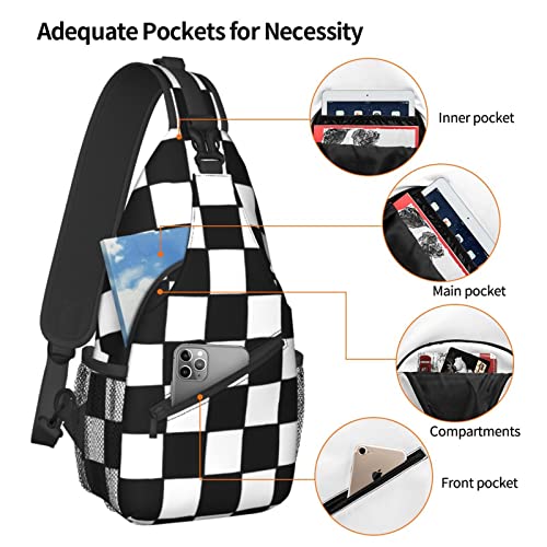 Checkered Black White Sling Backpack - Outdoor Crossbody Daypack Bag