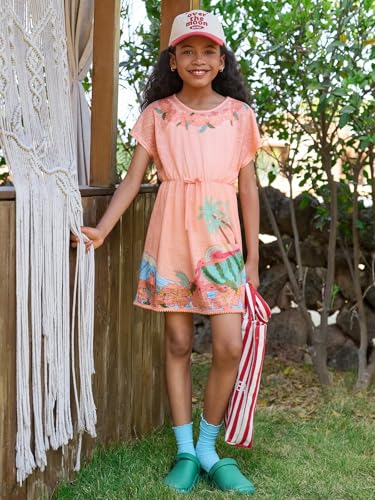 Kids Girls Short Sleeve Beach Cover Up Dress - Coral Pink 7-8 Years