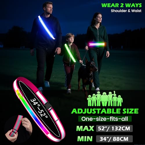 Pink Reflective Sash for Night Walking Safety LED Belt for Men Women