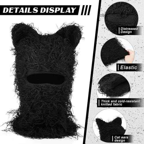 Newcotte Black Distressed Balaclava Ski Mask with Cat Ear Knitted Beanie Y2k Full Face Mask Furry Cap Windproof Winter Hat Neck Warmer for Men Women