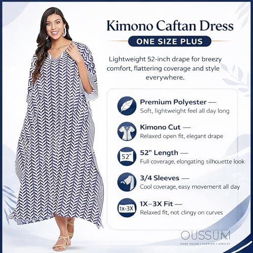 Indigo Blue Plus Size Caftan Maxi Dress for Women, Beach Cover Up Kimono Sleeve