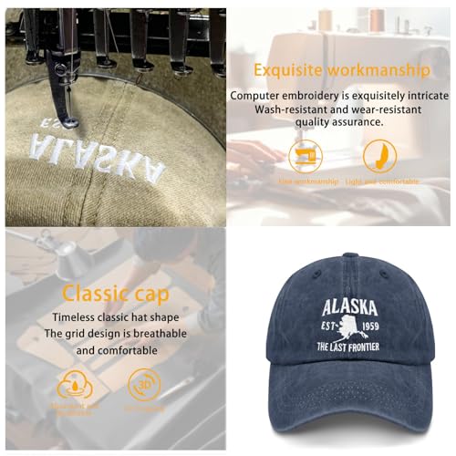 Washed Cotton Alaska Baseball Cap Adjustable Vintage Dad Hat Navy Blue Embroidered - One Size