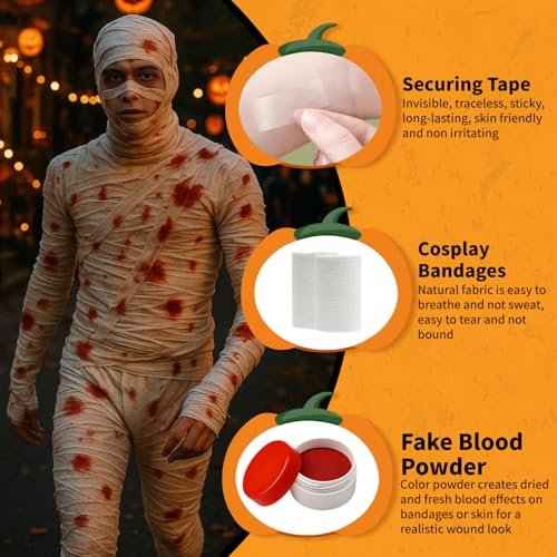 60 Yards 12 Rolls Halloween Mummy Wrap Costumes, Mummy Wrapping Cloth, Mummy Gauze, Mummy Bandages for Cosplay Zombie Makeup Halloween Costumes Accessories with Fake Blood Powder(3in W, Lady & Youth)