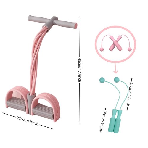 5 PCS Home Fitness Kit, Pink, Includes Jump Rope, Resistance Bands, Pedal Puller, Back Stretcher, Hand Grip