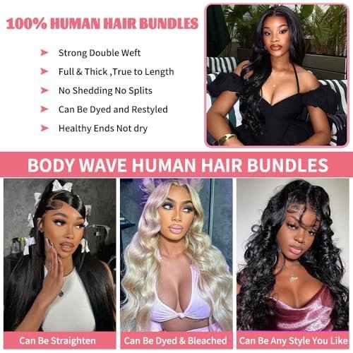 14A Human Hair Bundles 16 Inch Body Wave Bundles Human Hair 100% Unprocessed Brazilian Virgin Hair Body Wave 1 Bundle Human Hair Extensions for Women Natural Color Quick Weave