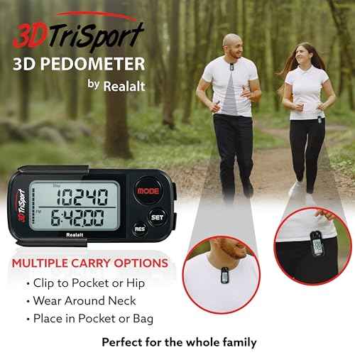 Realalt 3DTriSport Walking 3D Pedometer with Clip & Strap, eBook Included 30 Days Memory Accurate Step Counter, Walking Distance Miles/Km, Calorie Counter, Daily Exercise Time Monitor