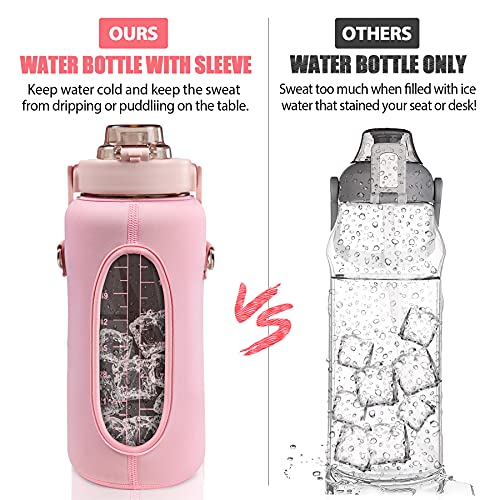 Pink Half Gallon Water Bottle with Sleeve, Motivational 70oz Leakproof Drink