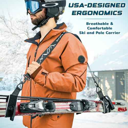 Ski Straps & Pole Carrier - Black - Heavy-Duty with Adjustable Strap Length & Cushioned Shoulder Sling