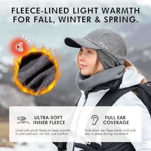TOP-EX M/L/XL Unisex Water-Repellent Baseball Cap with Ear Flap Ponytail Hole Reflective Winter Hat Fleece Lining Hat