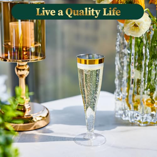 100 Pack Gold Rim Champagne Flutes - 4.5 oz Plastic Disposable Glasses