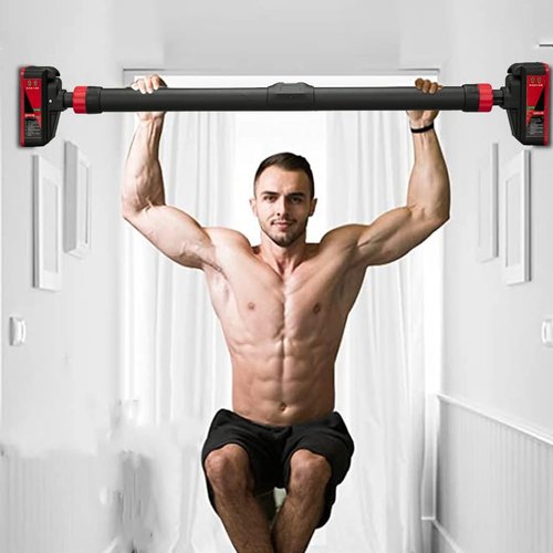 Pull Up Bar, Strength Training Pull-Up Bars for Doorways, Chin Up Bar With Level Meter and Adjustable Width 27.6"- 36.2" for Home Gym No Screws Required, Max Load 440 LBS, Black and Red