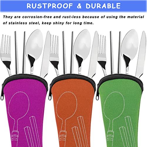 3 Pack Camping Silverware Set with Carrying Case - Red, Green, Orange Stainless Steel Flatware