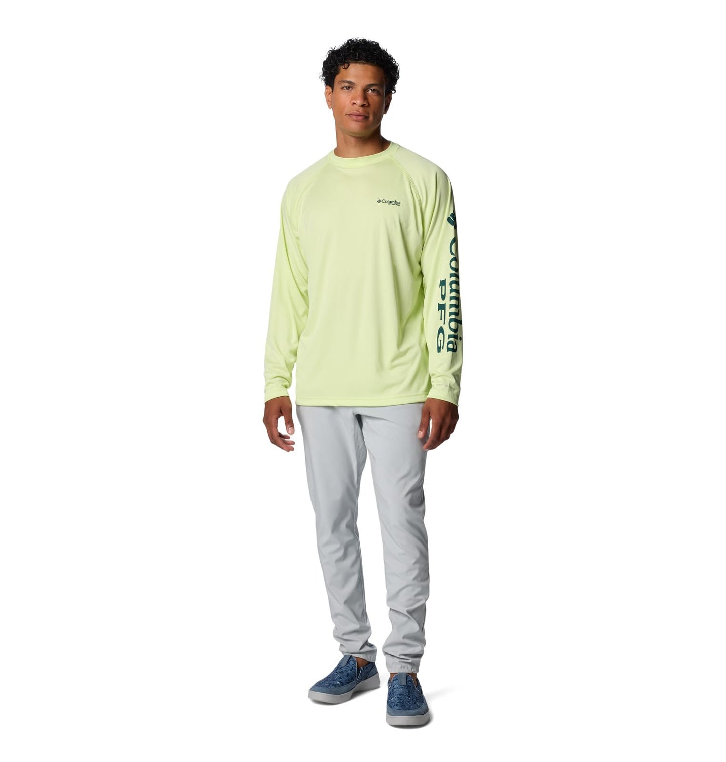Columbia Men's Terminal Tackle Long Sleeve Shirt, Spring Yellow/Midnight Teal Logo, X-Small