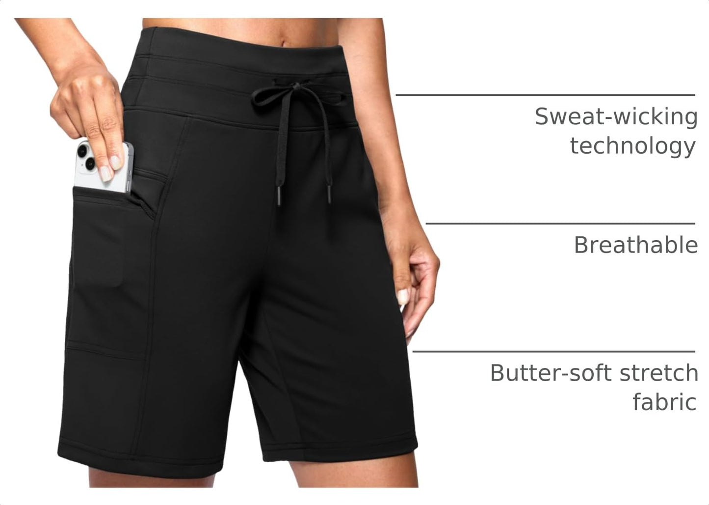 G Gradual Women's 7" Athletic Hiking Long Shorts with Side Pockets High Waisted Stretchy Bermuda Shorts for Women Workout Casual (Black, L)
