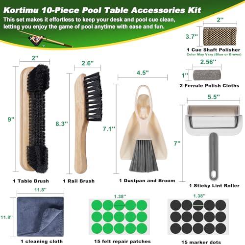 Billiard Pool Table Cleaning Kit - 10-Piece Maintenance Set with Brushes, Patches & Accessories