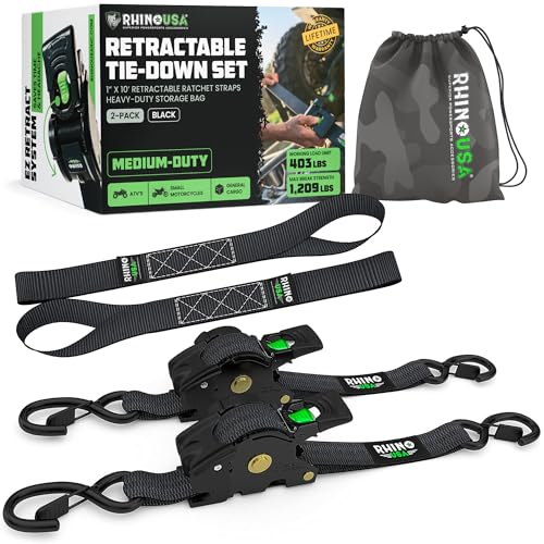 Rhino USA Retractable Ratchet Straps 2 Pack - 1in x 10ft, 1,209lb, Black