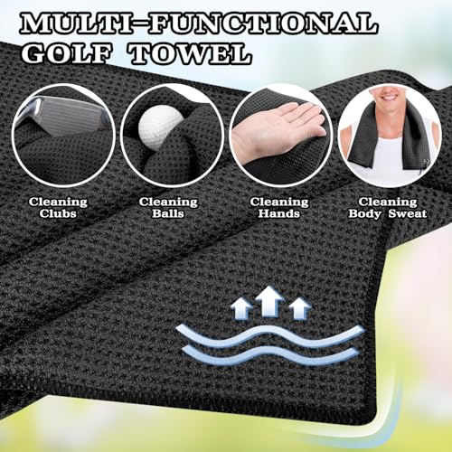 Golf Towel Set with Brush - Black & Gray 16x16 Inch Absorbent Microfiber