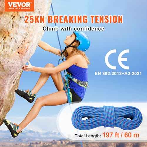 VEVOR 10.2mm Dynamic Climbing Rope, Outdoor Rock Climbing Rope 25KN Breaking Tension, Stretchable Fiber Rope with Steel Snap Hooks for Escape, Rappelling, Fire Rescue, Blue