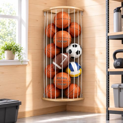 Wall-Mount Sports Ball Storage Rack with Wooden Frame for Garage & Home