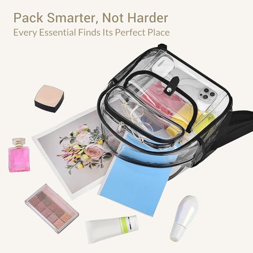 Clear Stadium Backpack with Multi-Pocket & Wide Straps - Black