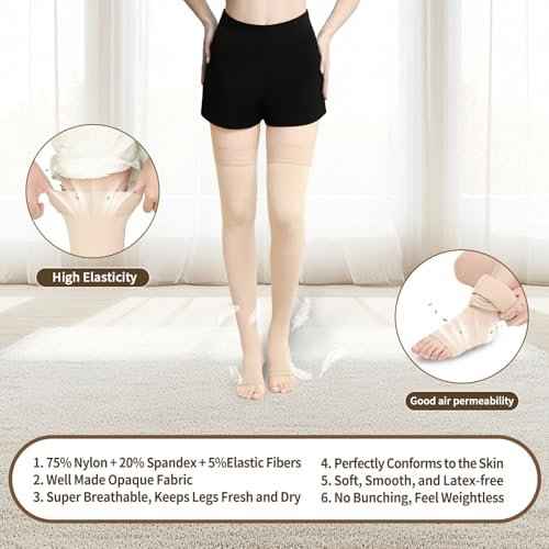 20-30 mmHg Compression Stockings for Women and Men, Medical Graduated Compression Hoses, Open Toe Thigh High Compression Socks, Long Toeless Support Stockings for Varicose Veins, Edema, DVT