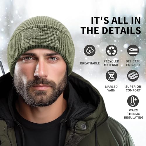 OUTDOOR SHAPING American Flag Embroidered Knit Cuffed Beanie for Men Women Tactical Winter Warm Hat