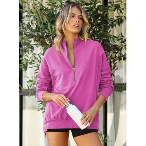 BLENCOT Womens Oversized Sweatshirt Half Zip Fleece Pullover Long Sleeve Fall Side Slit Tops
