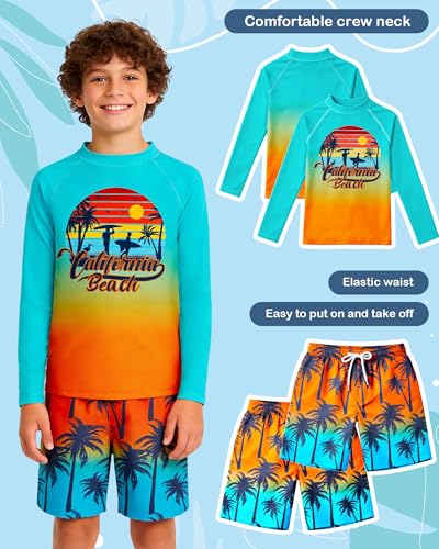 Kids Boys Swim Set with Rash Guard & Trunks - Orange Green Beach and Coconut Tree, Size 5-6 Years