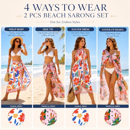 Women Sheer Beach Sarong with Tropical Floral Print - Long Bikini Cover Up, Multicolor