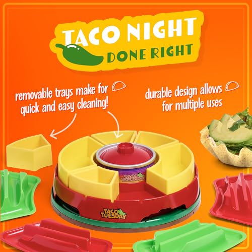 Lazy Susan Taco Bar Serving Set with 4 Tortilla Holders and Warming Pot - Red, Nostalgia Taco Tuesday