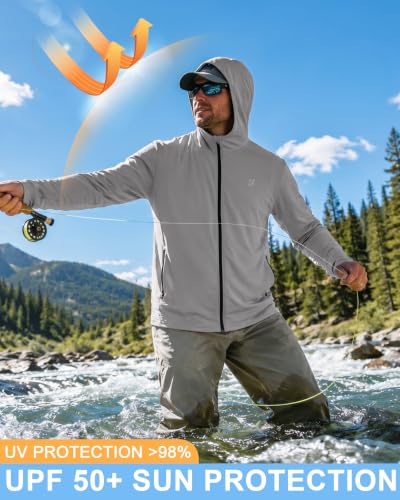 Roadbox Men's UPF 50+ Sun Hoodie - Lightweight Zip Up UV Protection Gray Large