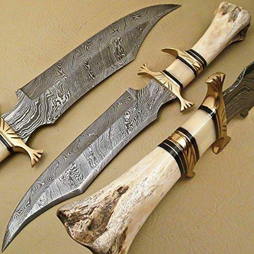 Kidsnado Damascus Steel Hunting Knife 15 Inch Fixed Blade with Camel Bone Handle White