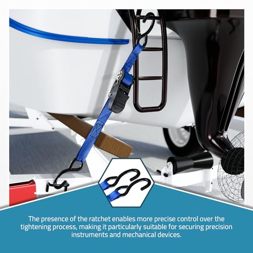 Manual Boat Trailer Tie-Down Straps 1in x 4ft, 2400 lbs Adjustable Marine Ratchet with Quick Release & Anti-Scratch Hooks - Pair