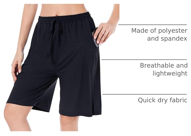 CULAYII Women’s Bermuda Shorts - Long Athletic Yoga Shorts with Pockets, Black, Medium