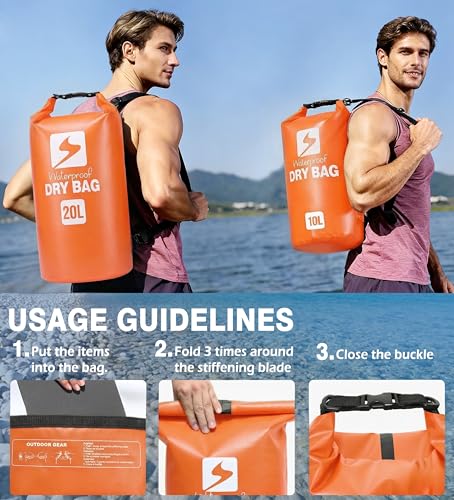 Soulsfeng Waterproof Dry Bag Backpack 20L Orange with Phone Case - Floating Kayak & Beach Storage