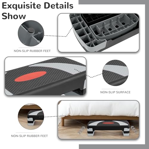 Aurorafy Step Aerobic Platform with 3 levels Adjustable Height, 4 Stackable Risers, 31 Inch Fitness Training Exercise Step, Workout Stepper for Home Gym, Cardio Strength, Black/Red