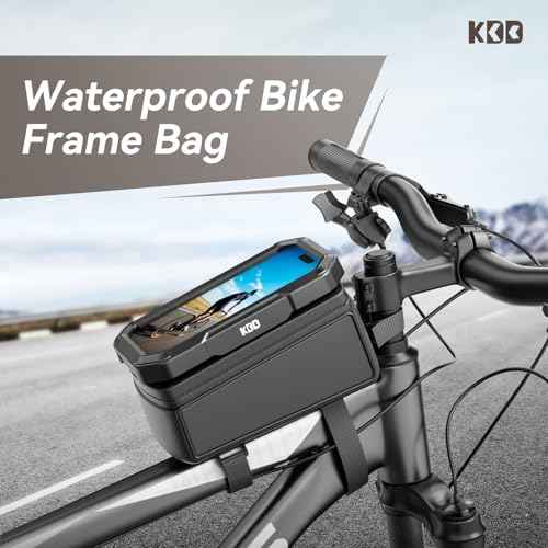 KDD Bike Front Frame Bag with Waterproof Phone Holder, Mountain Cycling Storage Pouch, Handlebar Bag with Phone Mount, Bicycle Accessories for Top Tube, Fit for iPhone 17 Pro Max, Cellphone Under 7''