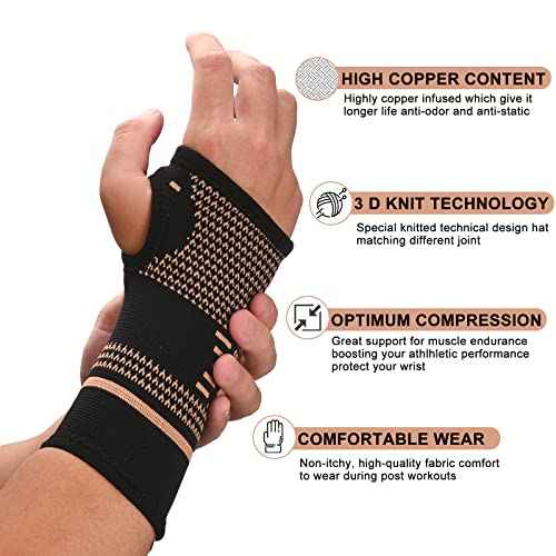 Copper Wrist Compression Sleeves, Comfortable and Breathable for Arthritis, Tendonitis, Sprains, Workout, Carpal Tunnel, Wrist Support for Women and Men