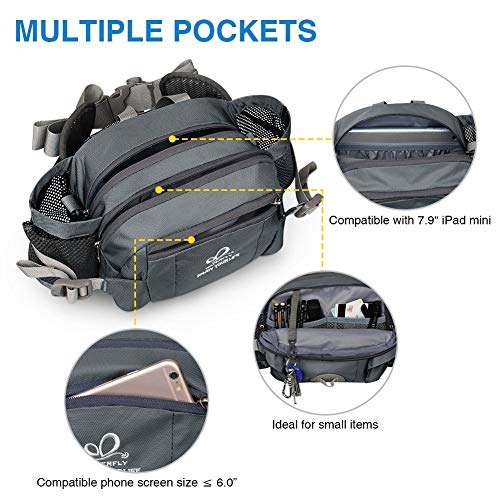 WATERFLY Fanny Pack Waist Bag with 2 Water Bottle Holders, 6-Pockets for Hiking - Gray