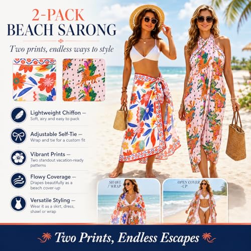 Women Sheer Beach Sarong with Tropical Floral Print - Long Bikini Cover Up, Multicolor