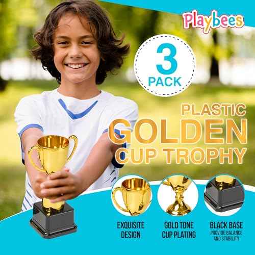 Playbees Fun Gold Plastic Trophies - 3 Pack - 7 Inch - Award Trophy Cup Set for Superstar Kids - Champion Celebrations, Sports Galore, and Victory Vibes - Desktop Toy