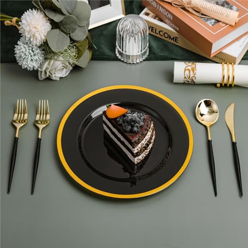 N9R Disposable Gold Plastic Silverware Set - Black Handles, 150PCS