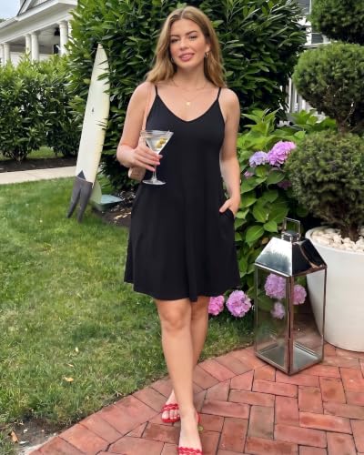 Women Spaghetti Strap Summer Dress Beach Sundresses Large Black - JOELLYUS