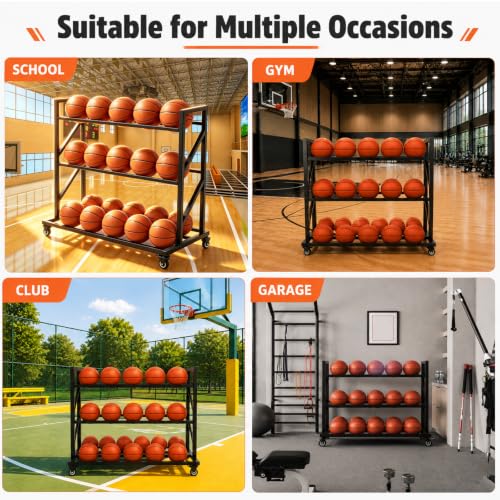 3-Tier Basketball Storage Rack with 20-Ball Capacity & Rolling Wheels