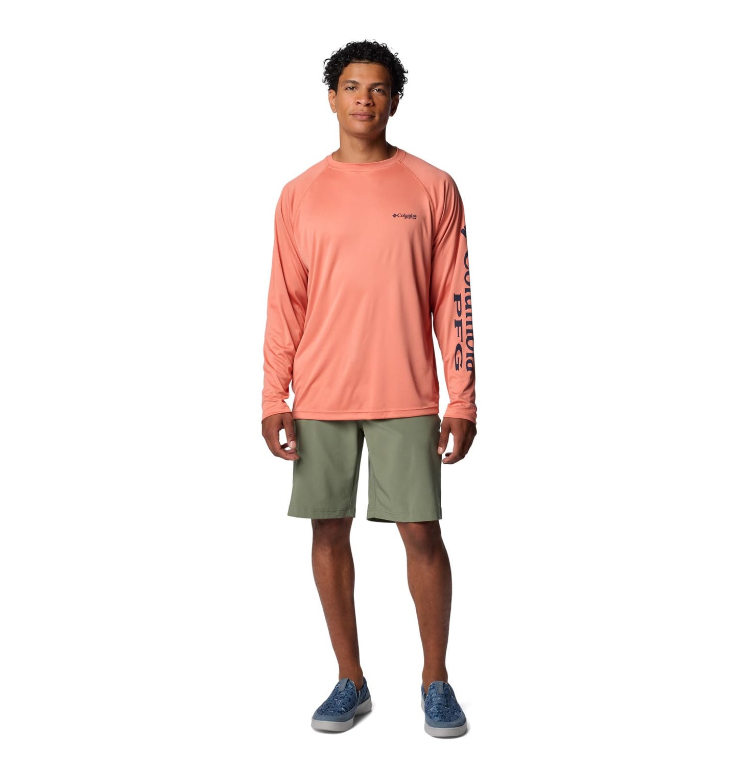 Columbia Men's Terminal Tackle Long Sleeve Shirt, Faded Peach/Collegiate Navy Logo, 3X Big