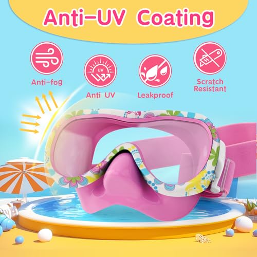 Kids Swim Goggles and Snorkel Mask Set - Pink & Flower | Diving Mask with Nose Cover & Elastic Straps