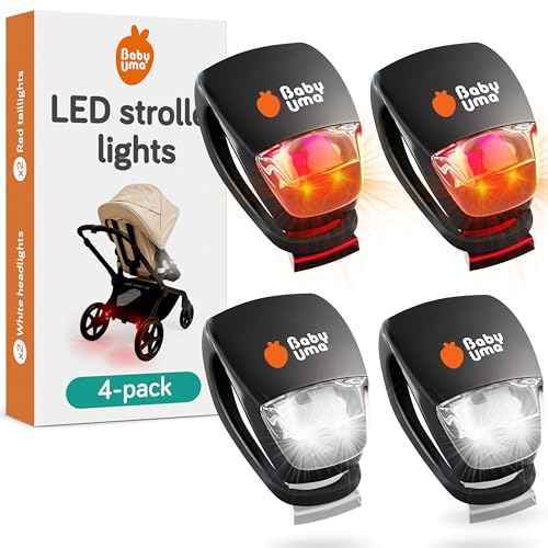 Baby Uma LED Stroller Lights (4-Pack) - Universal with 3 Light Modes (Constant/Pulse/Strobe), Buggy & Bike Lights Front and Back (2 White Headlights & 2 Red Taillights), Clip-On Bike Light