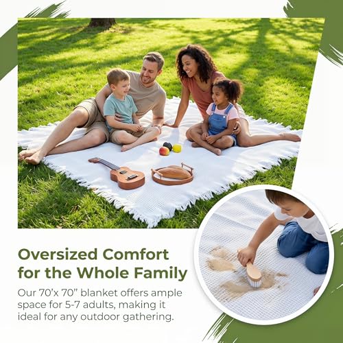 Large White Picnic Blanket 70 x 70 Inches for Outdoor & Indoor Use
