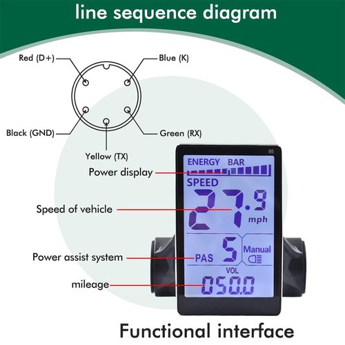 WSKEJI Electric Bike LCD Meter Display, 5 Pin 24V 36V 48V 52V 60V Universal E Scooter M5 LCD Panel Screen Replacement Electric Scooter Display Meter Fit for 31.8 22.2mm EBike Handlebar (M5), Black